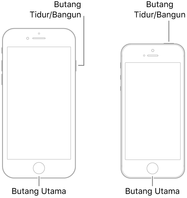 Ilustrasi dua jenis model iPhone dengan skrin menghadap ke atas. Kedua-duanya mempunyai butang Utama berdekatan bahagian bawah peranti. Model paling kiri mempunyai butang Tidur/Bangun di pinggir kanan peranti berdekatan bahagian atas, manakala model paling kanan mempunyai butang Tidur/Bangun di bahagian atas peranti, berdekatan pinggir kanan.