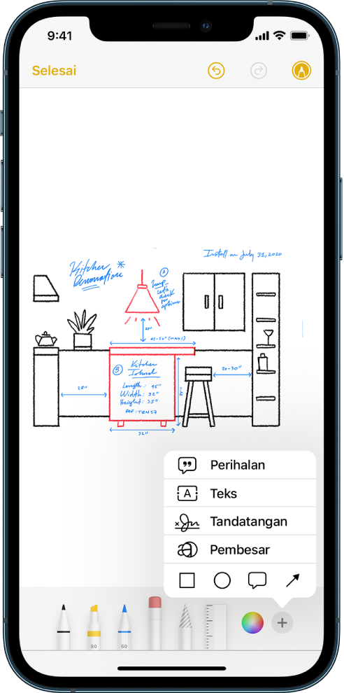 Diagram bina semula dapur ditandakan dalam app Nota. Bar alat Penanda dengan alat lukisan dan pemilih warna kelihatan di bahagian bawah skrin. Menu dengan pilihan untuk menambah teks, perihalan, tandatangan, kanta pembesar dan bentuk kelihatan di penjuru kanan bawah.