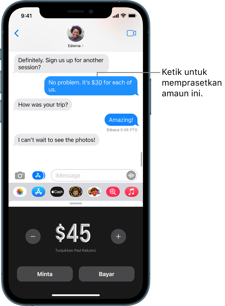Perbualan iMessage dengan app Apple Pay terbuka di bahagian bawah.