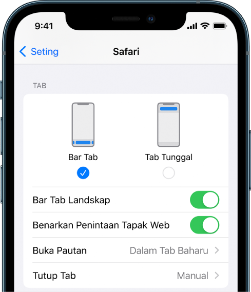 Skrin menunjukkan dua pilihan tataletak Safari: Bar Tab dan Tab Tunggal.