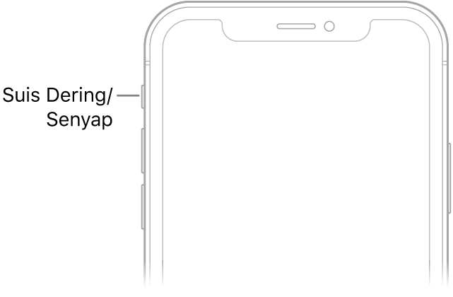 Bahagian atas bahagian depan iPhone menunjukkan suis Dering/Senyap di bahagian kiri atas, di atas butang kelantangan.