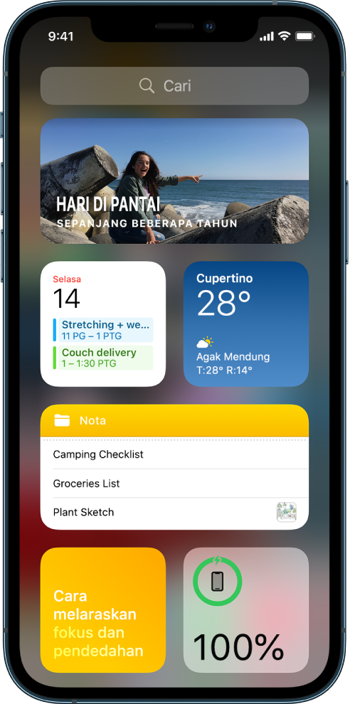 Widget dalam galeri widget iPhone, termasuk widget Foto, Kalendar dan Cuaca.