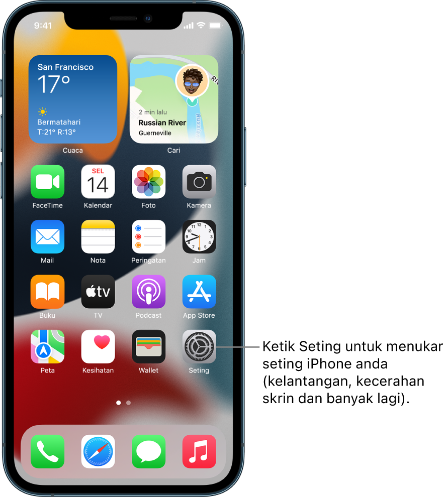 Skrin Utama dengan beberapa ikon app, termasuk ikon app Seting, yang anda boleh ketik untuk menukar kelantangan bunyi iPhone anda, kecerahan skrin dan banyak lagi.