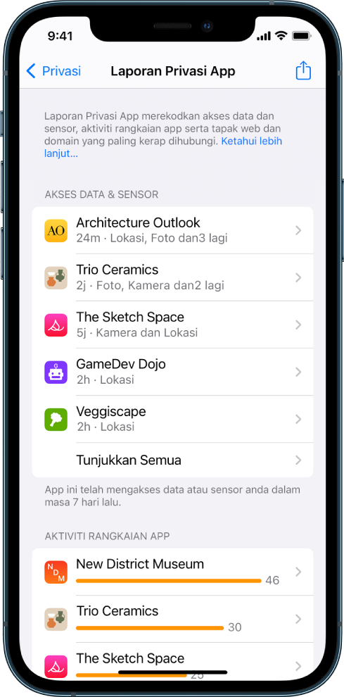 Laporan Privasi App menyenaraikan maklumat tentang lima app untuk kategori Akses Data & Sensor serta maklumat tentang tiga app untuk kategori Aktiviti Rangkaian App.