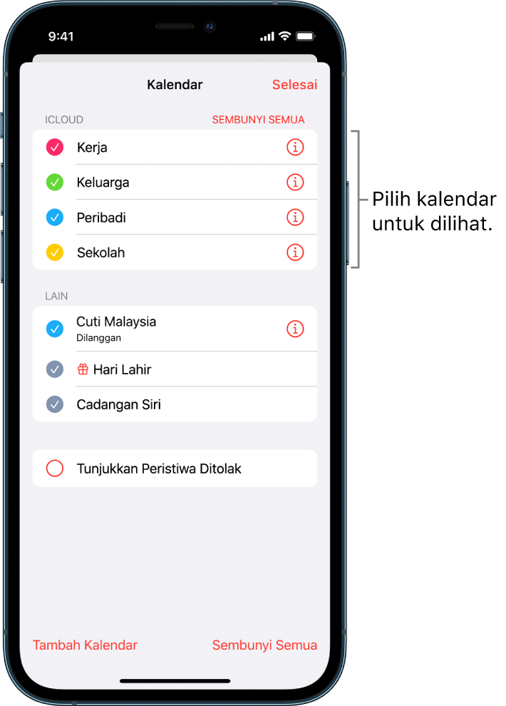 Senarai kalendar dengan tanda semak menunjukkan kalendar yang aktif. Butang Selesai untuk menutup senarai berada di penjuru kanan atas.