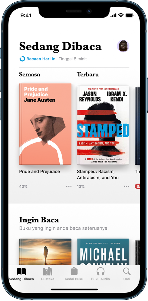Skrin Sedang Baca dalam app Buku. Di bahagian bawah skrin ialah, daripada kiri ke kanan, tab Senarai Dibaca, Pustaka, Kedai Buku, Buku Audio dan Cari.