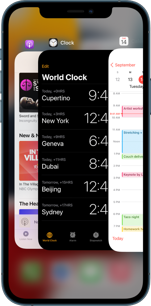 App Switcher။ ဖွင့်ထားသည့်အက်ပ်များ၏ သင်္ကေတများသည် ထိပ်တွင်ပေါ်နေပြီး အက်ပ်တစ်ခုစီ၏ အသုံးပြုလက်စဖန်သားပြင်သည် ၎င်းသင်္ကေတအောက်တွင် ပေါ်သည်။