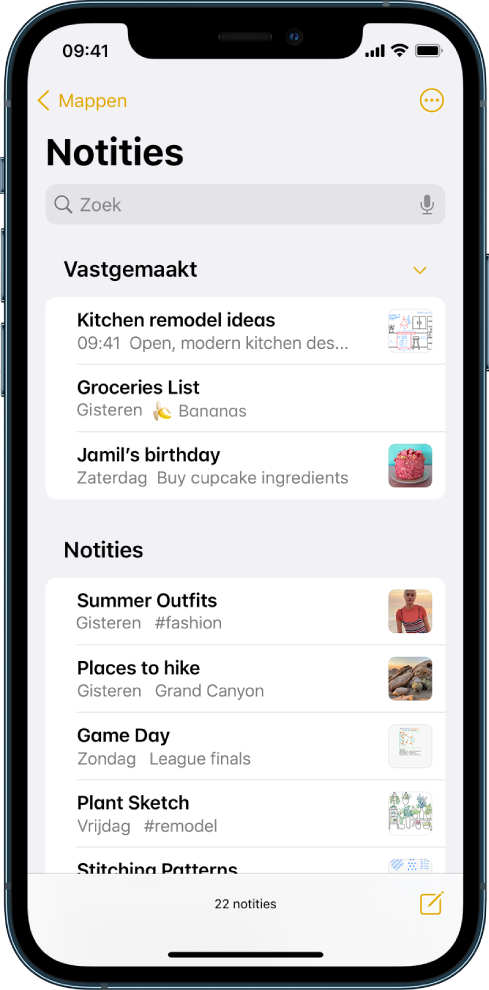 De lijst met notities met het zoekveld bovenaan.