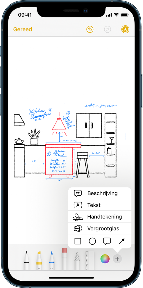 Een diagram van een keukenverbouwing is in de Notities-app geannoteerd. De markeringsknoppenbalk met tekengereedschap en de kleurenkiezer onder in het scherm. Rechtsonderin is een menu te zien met opties om tekst, een beschrijving, een handtekening, een vergrootglas en vormen toe te voegen.