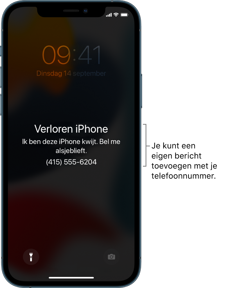 Het toegangsscherm van een iPhone met het bericht: "Verloren iPhone. Ik ben deze iPhone kwijt. Bel me alsjeblieft. (415) 555-6204." Je kunt een eigen bericht toevoegen met je telefoonnummer.