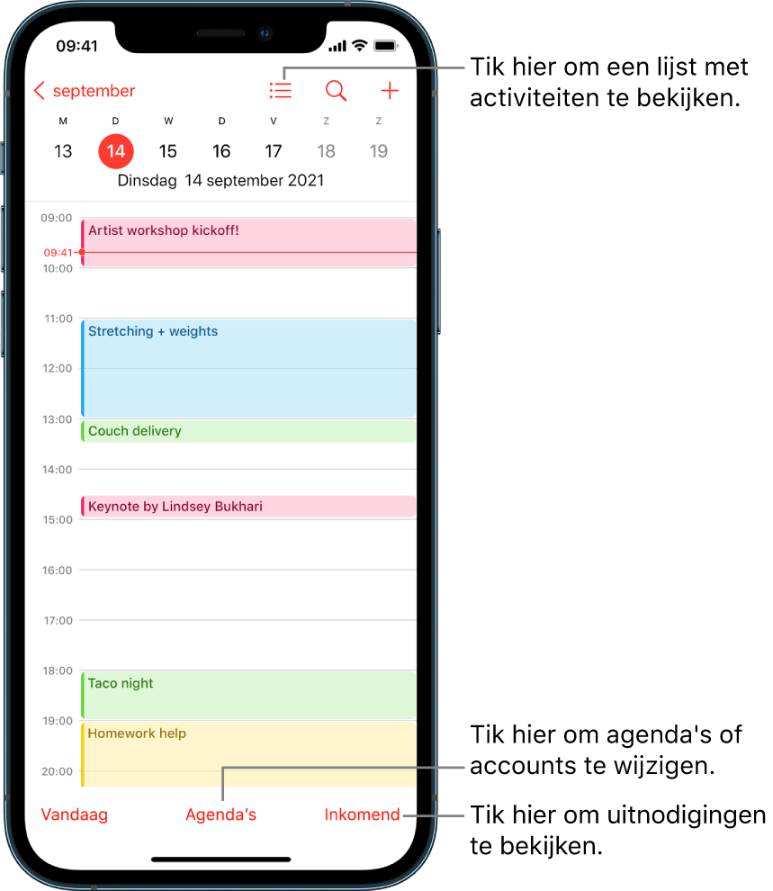 Een agenda in de dagweergave met de activiteiten van een dag. Tik op de knop 'Agenda's' onder in het scherm om te schakelen tussen agenda-accounts. Met de knop 'Inkomend' rechtsonderin kun je uitnodigingen bekijken.