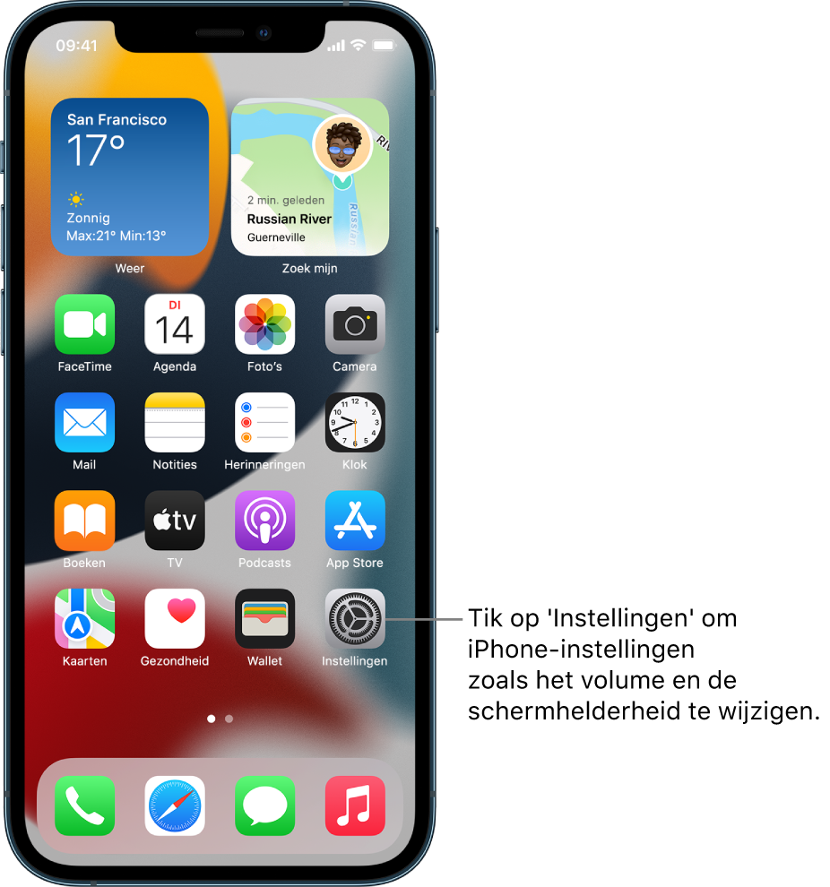 Het beginscherm met diverse appsymbolen, zoals het symbool van de Instellingen-app, waarop je kunt tikken om het volume, de schermhelderheid en andere iPhone-instellingen te wijzigen.