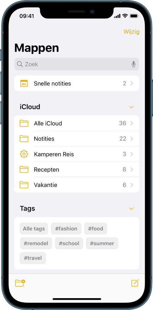 De lijst met mappen, met het zoekveld bovenaan en de tagkiezer onderaan.