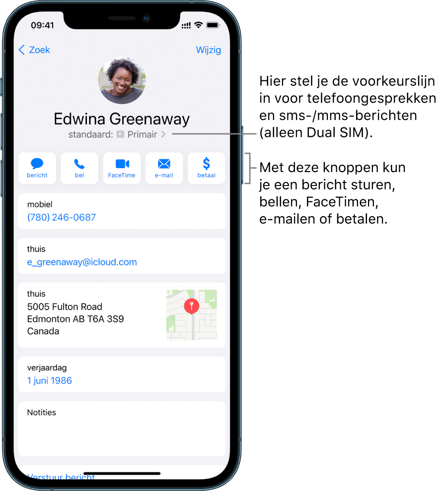 Het informatiescherm voor een contactpersoon. Bovenin staan de naam en foto van de contactpersoon. Daaronder staan knoppen voor het versturen van een bericht, bellen met de telefoon, bellen met FaceTime, het sturen van een e-mail en het sturen van geld via Apple Pay. Onder de knoppen vind je de contactgegevens.