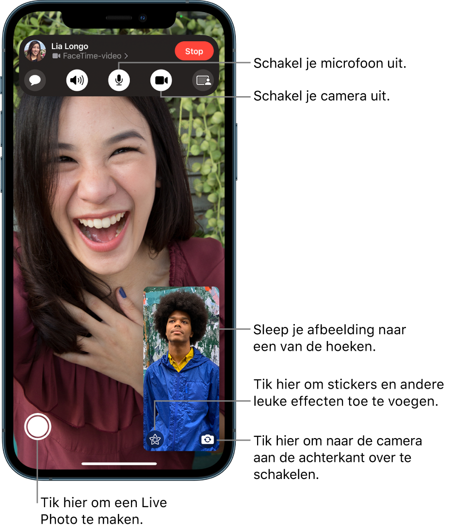 Het FaceTime-scherm met daarin een gesprek dat aan de gang is. Het beeld van jezelf wordt weergegeven in een kleine rechthoek rechtsonderin, terwijl het beeld van je gesprekspartner de rest van het scherm vult. Onder in het scherm zie je de knoppen voor Live Photo, effecten en de camera aan de achterkant. De FaceTime-regelaars staan boven in het scherm, met onder meer de knoppen 'Open Berichten', 'Audio', 'Geluid aan', 'Camera aan' en 'Deel materiaal'. Boven de regelaars staan de naam of Apple ID van degene met wie je spreekt en de knop 'Verlaat gesprek'.