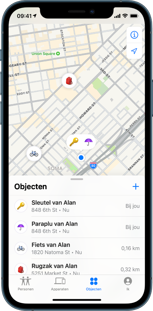 Het Zoek mijn-scherm waarin de lijst 'Objecten' is geopend. Er staan vier objecten in de lijst: een sleutel, paraplu, fiets en rugzak. Hun locaties worden op een kaart van San Francisco weergegeven.
