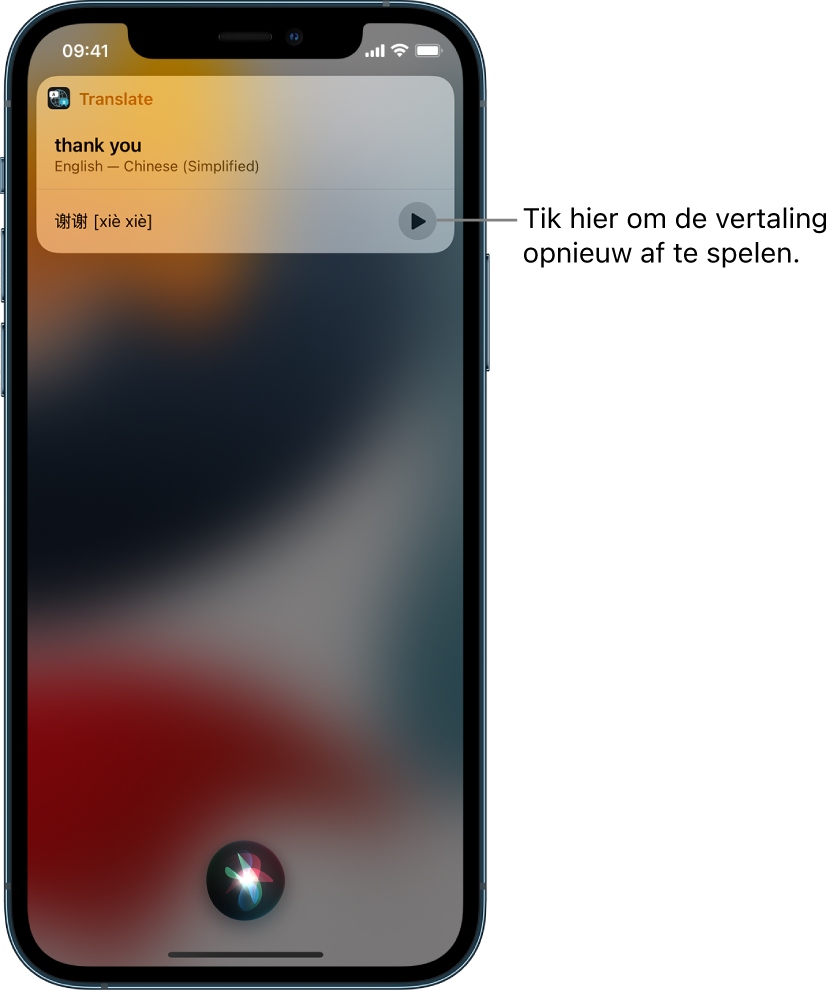 Siri geeft een vertaling weer van het Engelse "thank you" in het Mandarijn. Met een knop rechts van de vertaling kun je de vertaling opnieuw laten voorlezen.