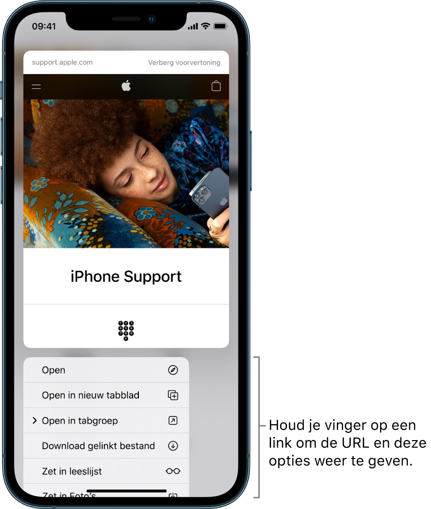 Een voorvertoning van de bestemmings-URL, gevolgd door een lijst met mogelijke taken: 'Open', 'Open in nieuw tabblad', 'Open in tabgroep', 'Download gelinkt bestand', 'Zet in leeslijst' en 'Zet in Foto's'.