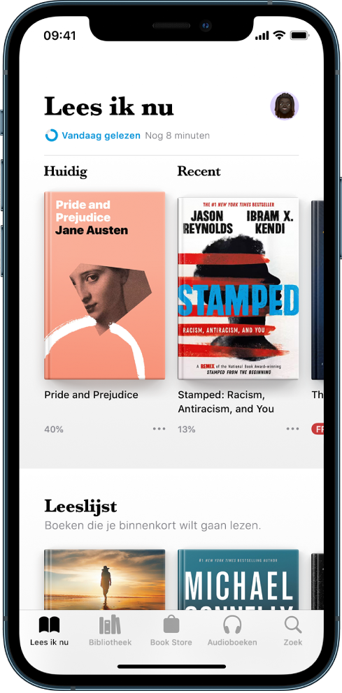 Het tabblad 'Lees ik nu' in de Boeken-app. Onder in het scherm staan van links naar rechts de tabbladen 'Lees ik nu', 'Bibliotheek', 'Book Store', 'Audioboeken' en 'Zoek'.