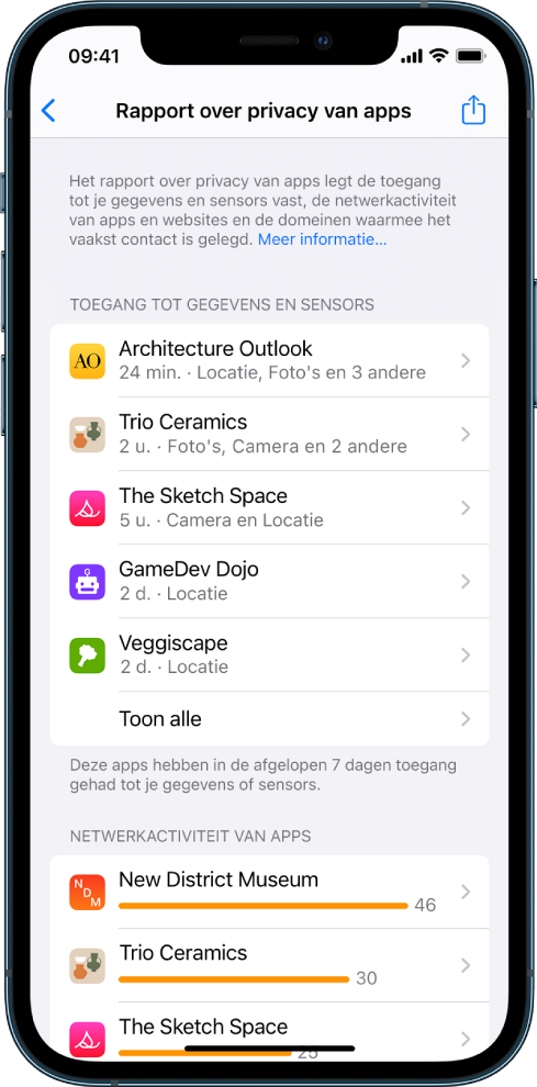Een privacyrapport met informatie over vijf apps voor de categorie 'Toegang tot gegevens en sensors' en informatie over drie apps voor de categorie 'Netwerkactiviteit van apps'.