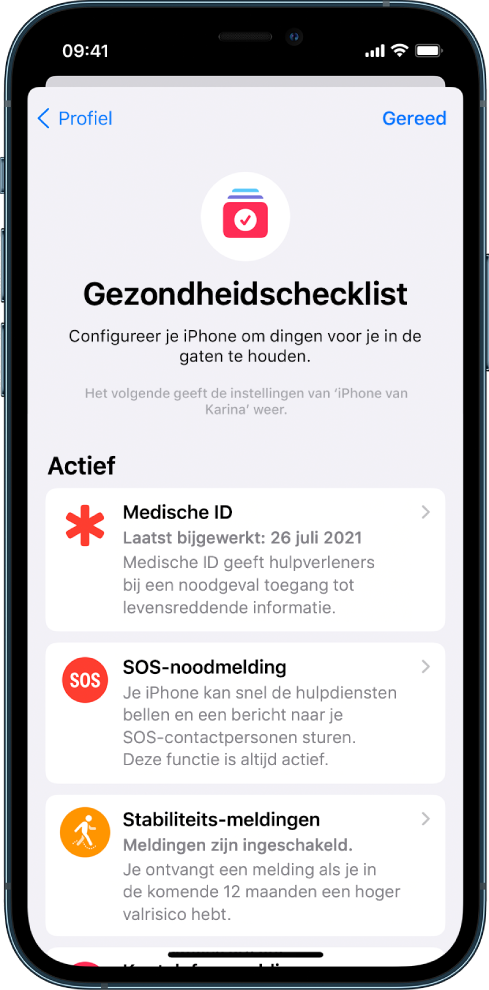 Het Gezondheidschecklist-scherm, waarop 'Medische ID' en 'SOS-noodmelding' actief zijn.