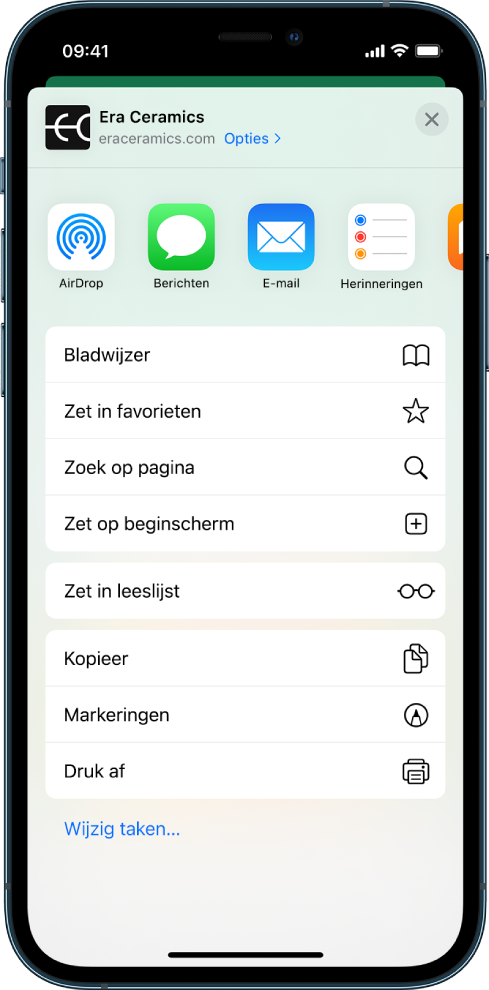 Het Deel-menu. Bovenaan staan apps waarmee links kunnen worden gedeeld. Onderaan staat een lijst met andere opties, waaronder 'Bladwijzer', 'Zet in favorieten', Zoek op pagina', 'Zet op beginscherm' en 'Zet in leeslijst'.