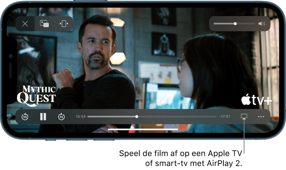 Een film die wordt afgespeeld op het iPhone-scherm. Onder in het scherm staan de afspeelregelaars, met rechtsonderin de AirPlay-knop.
