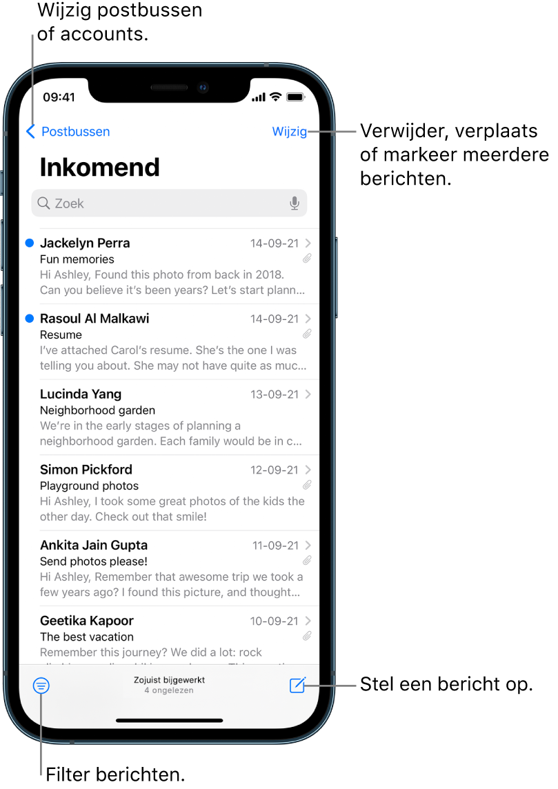 De postbus 'Inkomend' met een lijst met e-mails. Linksbovenin zie je de knop 'Postbussen' om naar een andere postbus over te schakelen. Rechtsbovenin staat de knop 'Wijzig', waarmee je e-mails kunt verwijderen, verplaatsen of markeren. Linksonderin staat de knop waarmee je e-mails kunt filteren, zodat alleen bepaalde e-mails worden weergegeven. Rechtsonderin staat de knop voor het opstellen van een nieuwe e-mail.