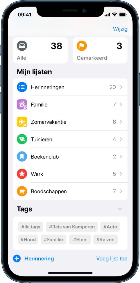 Een scherm met verschillende lijsten in Herinneringen. Onderin staat de tagkiezer.