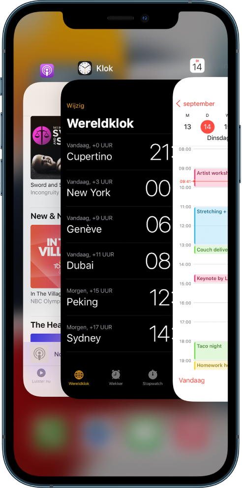 De appkiezer. Symbolen voor de geopende apps verschijnen bovenin en het actuele scherm van elke app verschijnt onder het appsymbool.