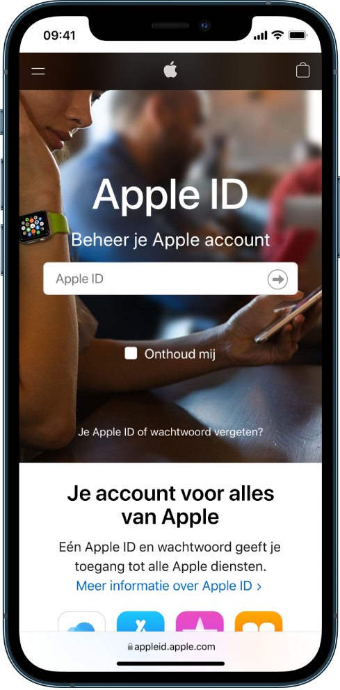 Het Safari-scherm waar je kunt inloggen bij je Apple ID-account.