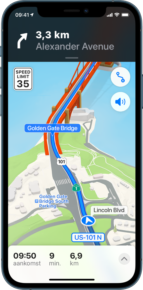 Een autoroute in de Kaarten-app.