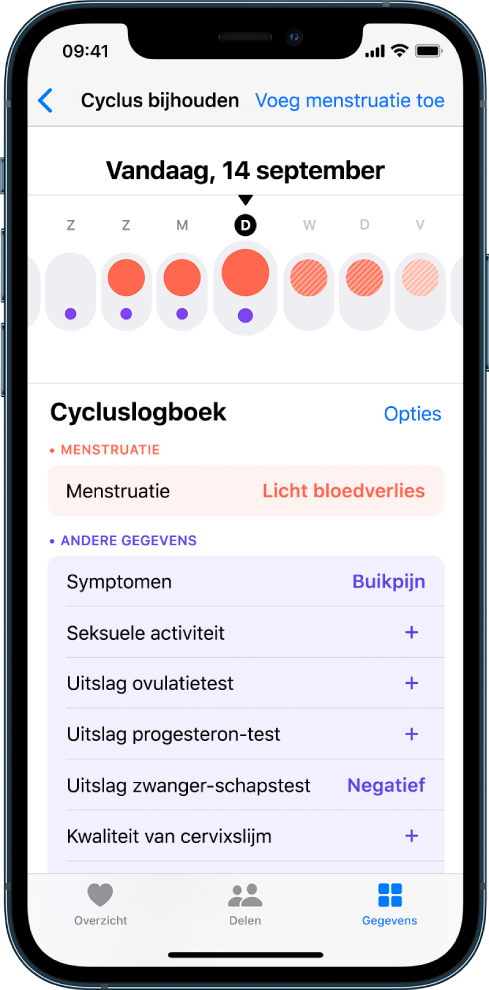 Het scherm 'Cyclus bijhouden' in de Gezondheid-app.