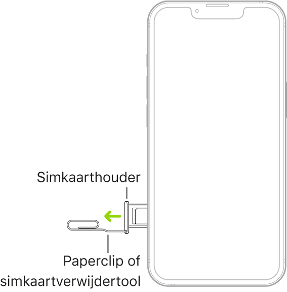 Een paperclip of de simkaartverwijdertool wordt in de opening van de simkaarthouder aan de linkerkant van een iPhone geplaatst om de houder te verwijderen.