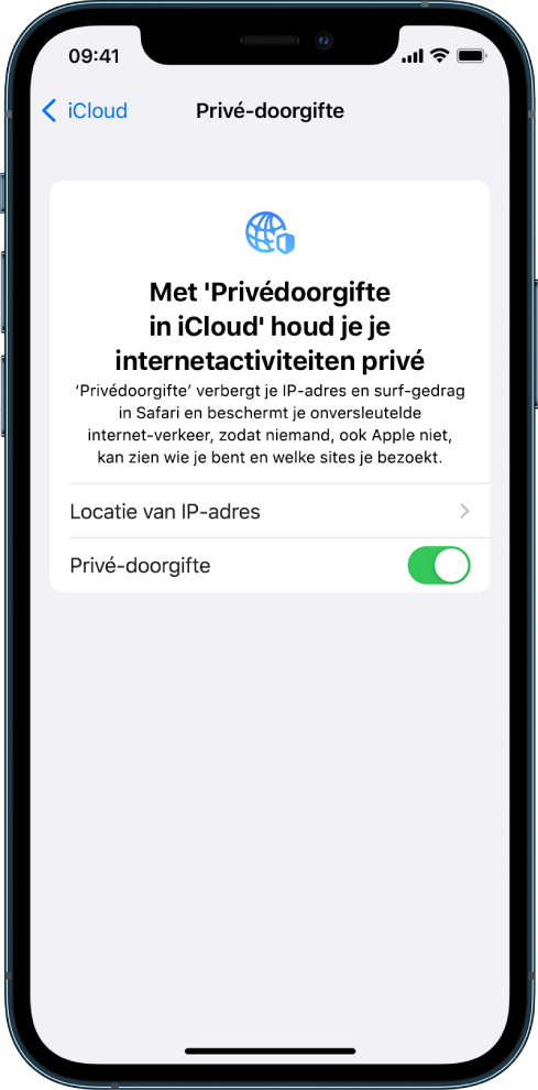 Het Instellingen-scherm waar je 'Privédoorgifte' kunt in- en uitschakelen.