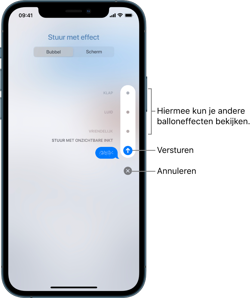 Een voorvertoning van een bericht met het onzichtbare-inkteffect. Tik rechts op een knop om een voorvertoning te zien van andere balloneffecten. Tik nogmaals op dezelfde knop om het bericht te versturen of tik op de annuleerknop om terug te gaan naar je bericht.