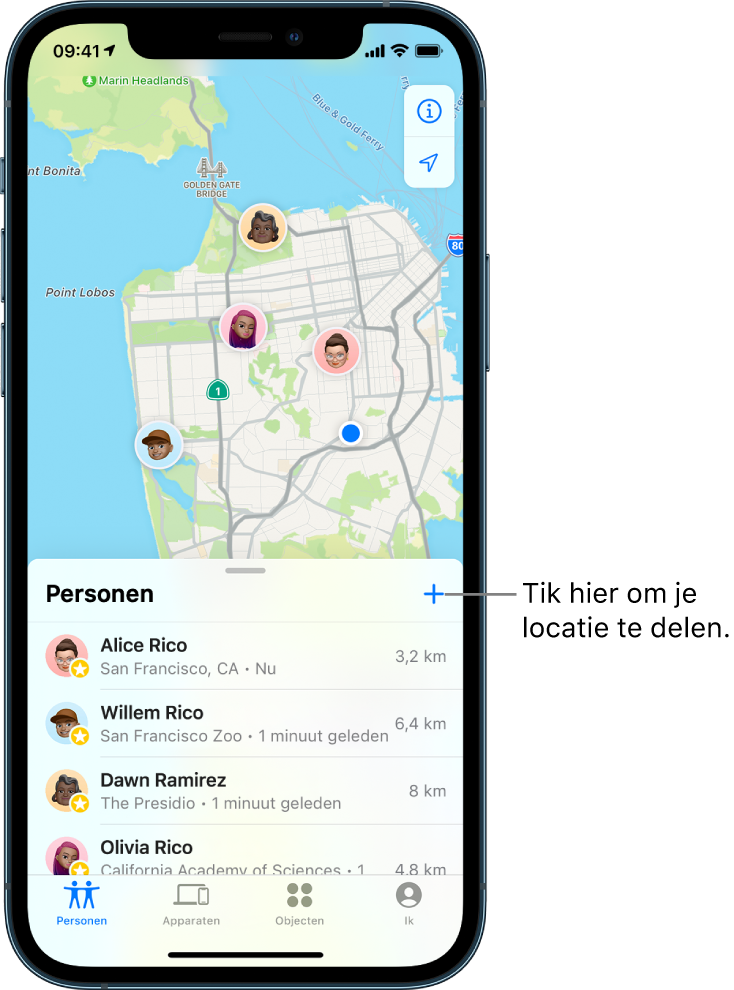 Het Zoek mijn-scherm waarin de lijst 'Personen' is geopend. Er staan vier personen in de lijst: Ashley Rico, Will Rico, Dawn Ramirez en Olivia Rico. Tik op de knop met het plusteken boven aan de lijst 'Personen' om je locatie te delen.