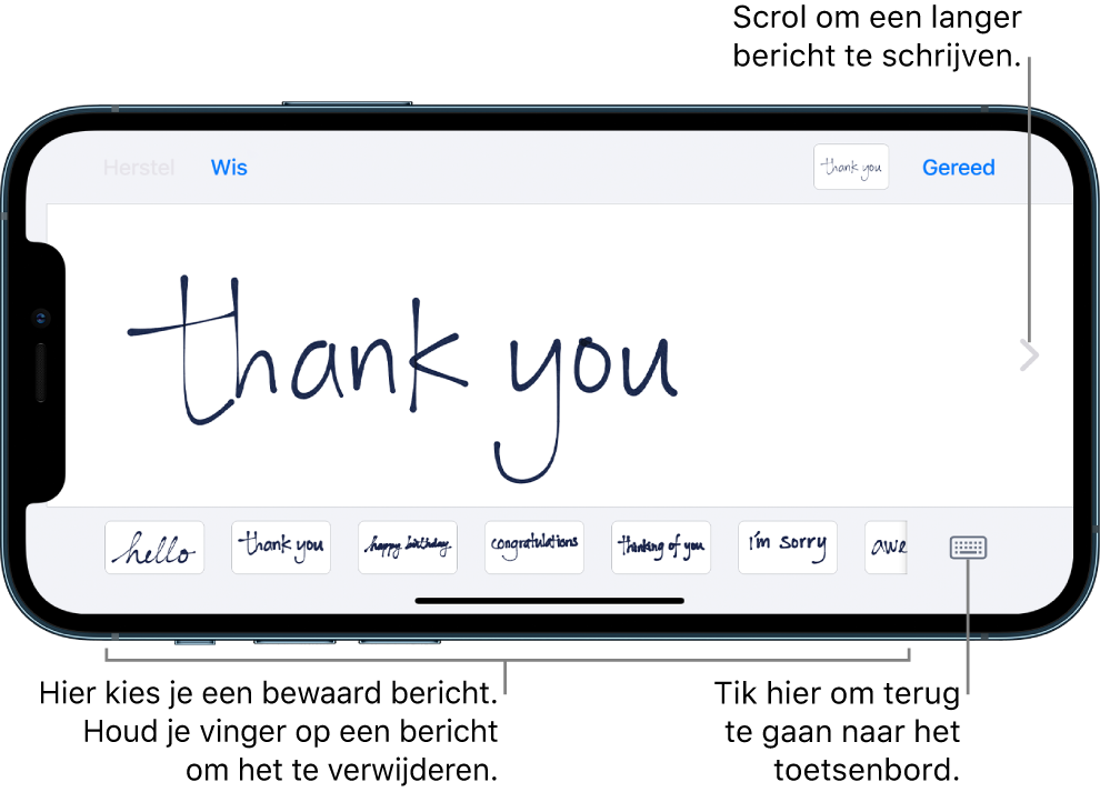 Het handschriftscherm met een handgeschreven bericht. Onderin bevinden zich van links naar rechts bewaarde berichten en de knop voor het weergeven van het toetsenbord.
