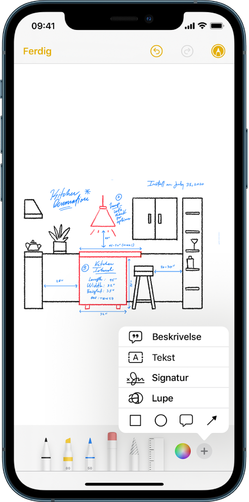 Et diagram av en kjøkkenoppussing er merket i Notater-appen. Merking-verktøylinjen med tegneverktøy og fargevelgeren vises nederst på skjermen. En meny med valg for å legge til tekst, en beskrivelse, en signatur, en lupe og figurer vises nederst til høyre.