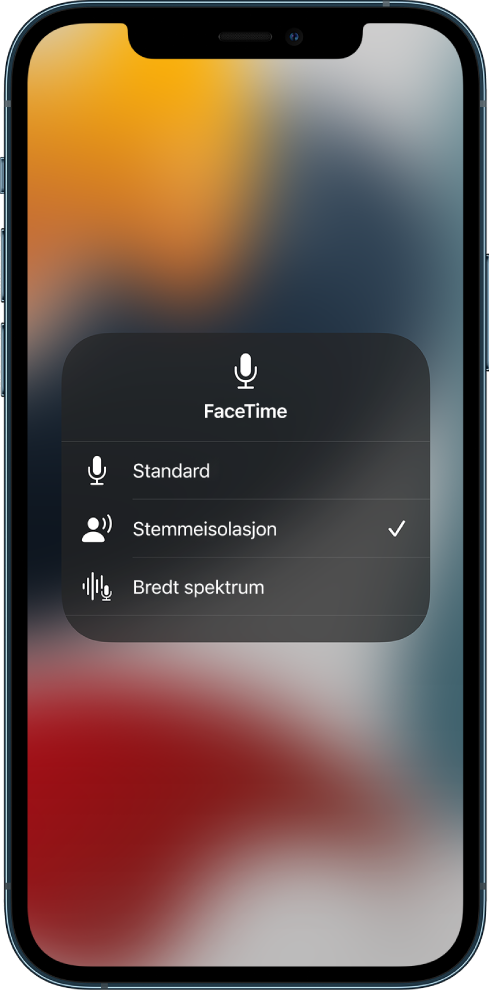 Mikrofon-innstillingene for FaceTime-samtaler i Kontrollsenter viser lydinnstillingene Standard, Stemmeisolasjon og Bredt spektrum.