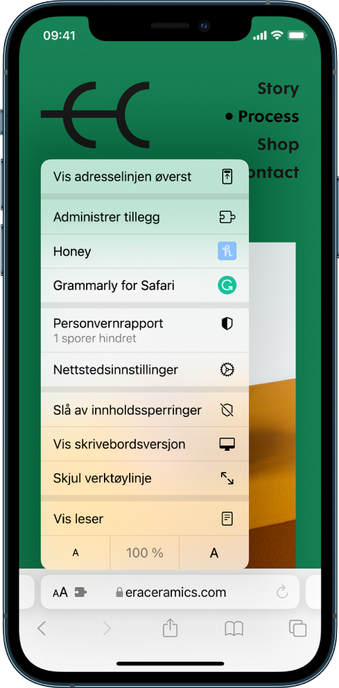 Sideinnstillinger-menyen. Øverst er alternativet for å vise adresselinjen øverst. Under er alternativet Administrer tillegg, etterfulgt av installerte tillegg: Honey og Grammarly for Safari.