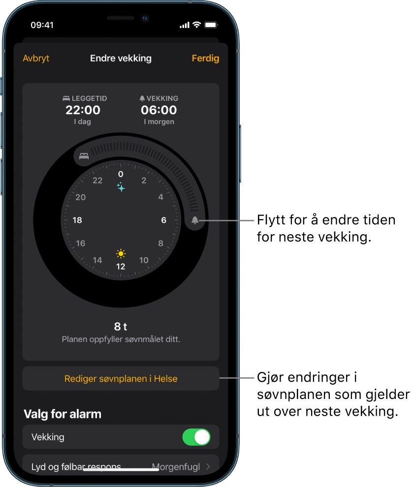 En skjerm for å endre Vekking-alarmen for i morgen, med skyveknapper for å endre leggetids- og vekkingstidspunktet, en knapp for å endre søvnplanen i Helse-appen og en knapp for å slå Vekking-alarmen av eller på.