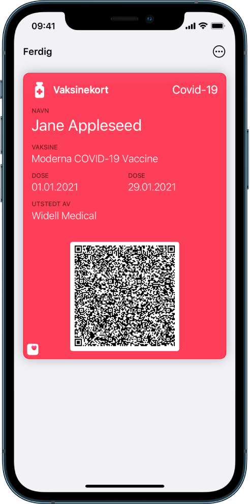 Et vaksinasjonskort i Lommebok-appen.