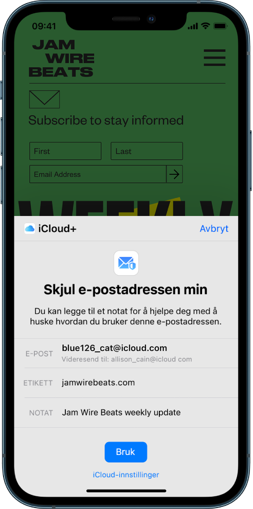 Den nederste halvdelen av skjermen er alternativet Skjul e-postadressen min for iCloud+. Den viser den tilfeldig genererte e-postadressen, videresendingsadressen, en etikett og et notat. Nederst på skjermen er en Bruk-knapp og en lenke til iCloud-innstillinger.