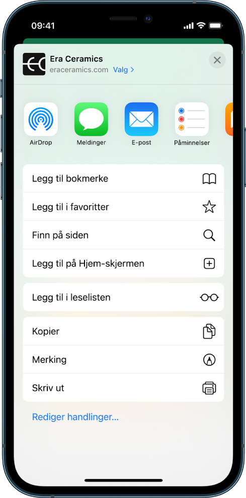 Del-menyen. Øverst vises apper som kan brukes til å dele lenker. Under vises en liste over andre alternativer, inkludert Legg til bokmerke, Legg til i favoritter, Finn på siden, Legg til på Hjem-skjerm og Legg til i leselisten.