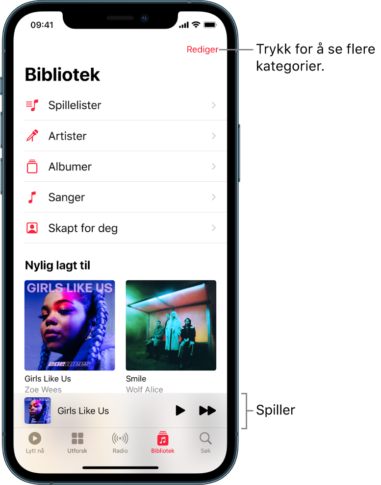 Bibliotek-skjermen, med en liste med kategorier som inkluderer Spillelister, Artister, Albumer, og Sanger. Nylig lagt til-tittelen vises under listen. Spilleren viser tittelen på sangen som spilles av, og Spill av- og Neste-knappene vises nederst.