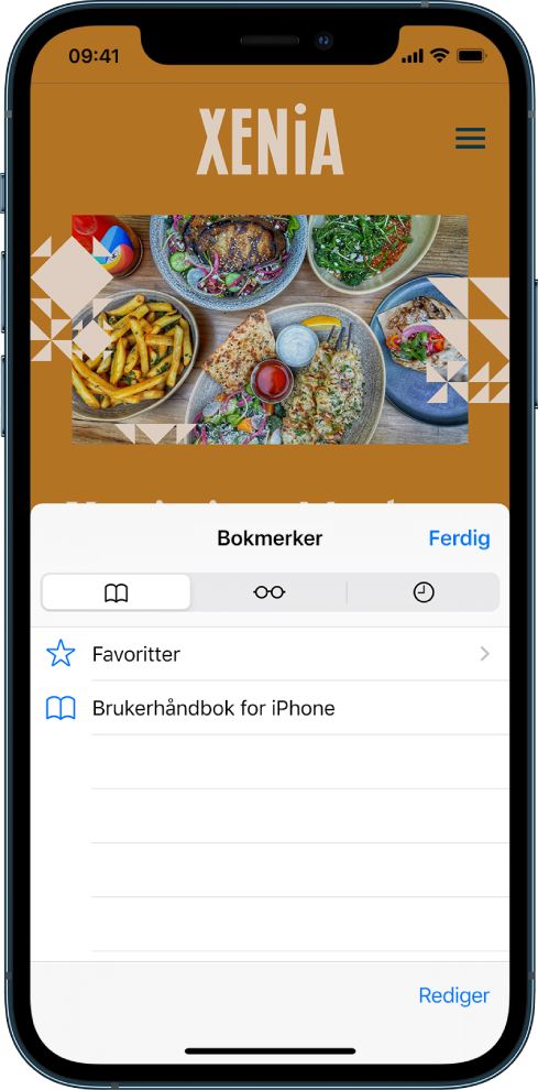 Bokmerker-skjermen med alternativer for å se favoritter og nettlesingshistorikk sammen med bokmerker.