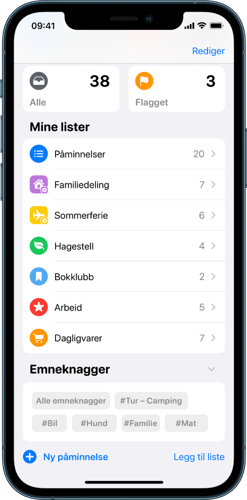 En skjerm med flere lister i Påminnelser. Emneknaggviseren vises nederst.
