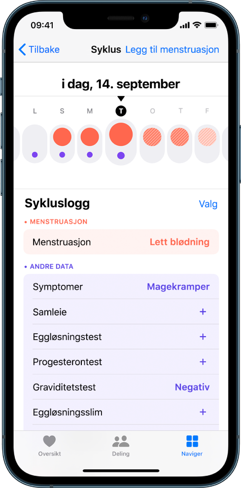 Syklus-skjermen i Helse-appen.