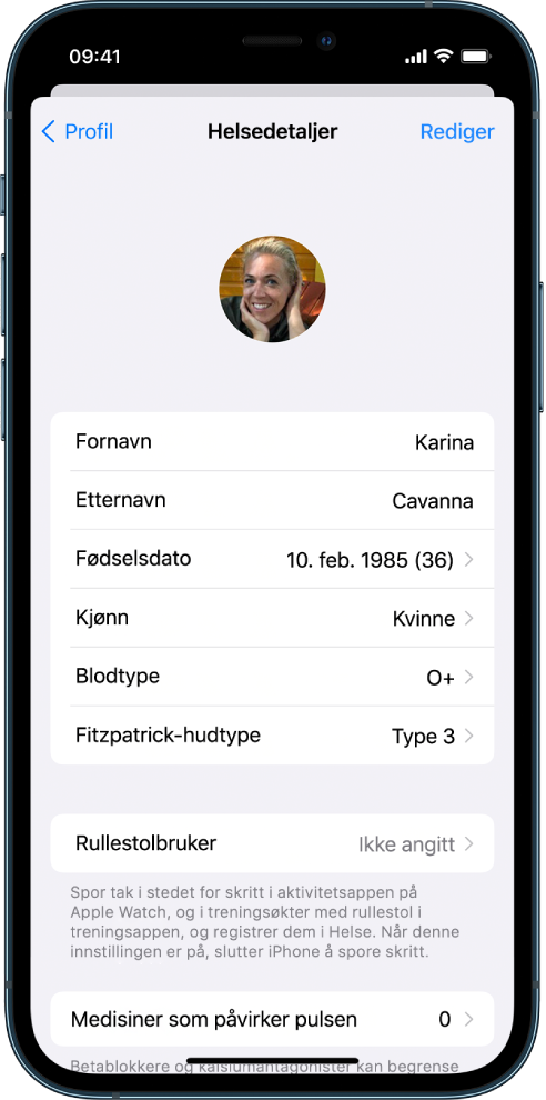 Helsedetaljer-skjermen for en 36 år gammel kvinne.